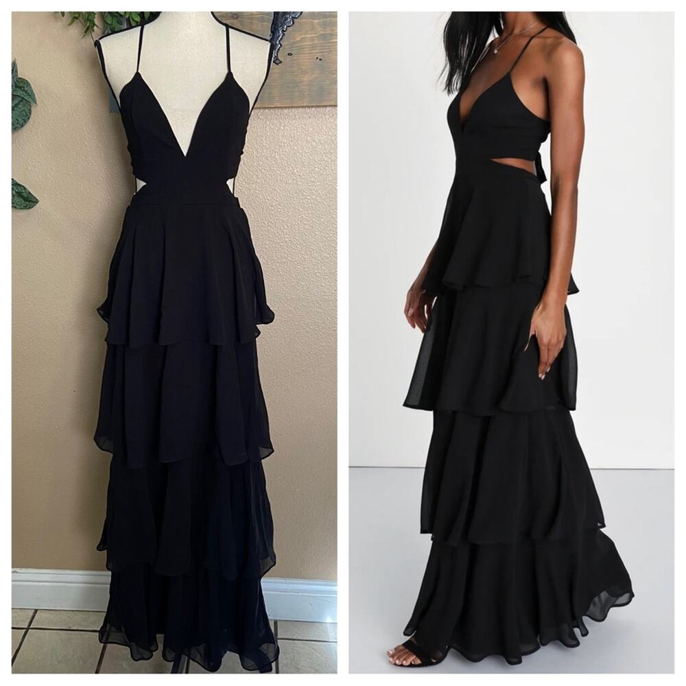 NWOT Lulus Tier and Now Black Tie-Back Tiered Maxi Dress M